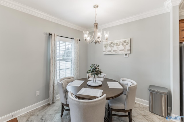 tiled dining space featuring a chandelier and ornamental molding