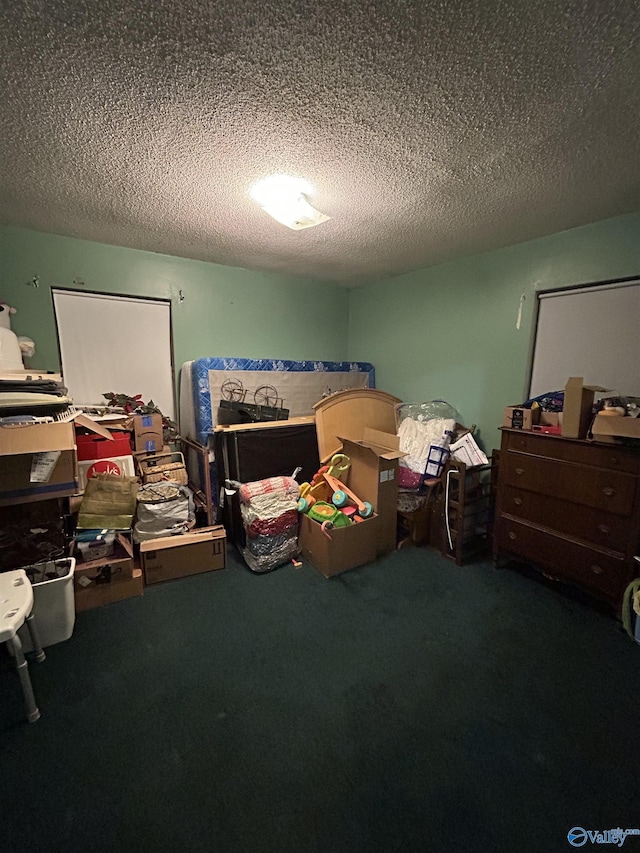 carpeted bedroom with a textured ceiling