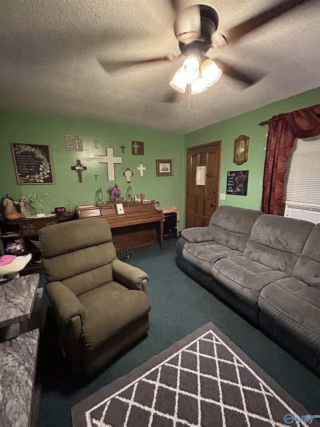 living room with cooling unit, ceiling fan, carpet, and a textured ceiling