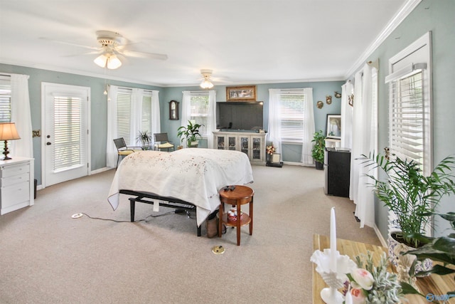 bedroom featuring crown molding, light colored carpet, ceiling fan, and access to outside