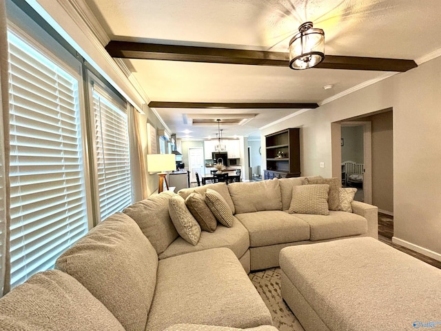 living area featuring ornamental molding, beam ceiling, and baseboards