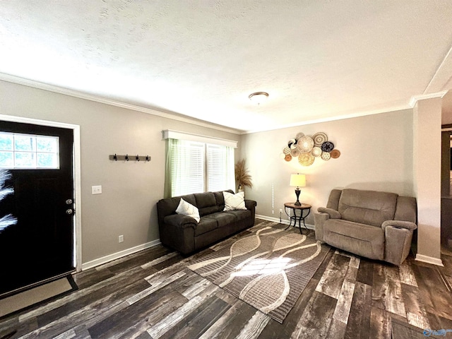 living room featuring a textured ceiling, dark wood-type flooring, and crown molding