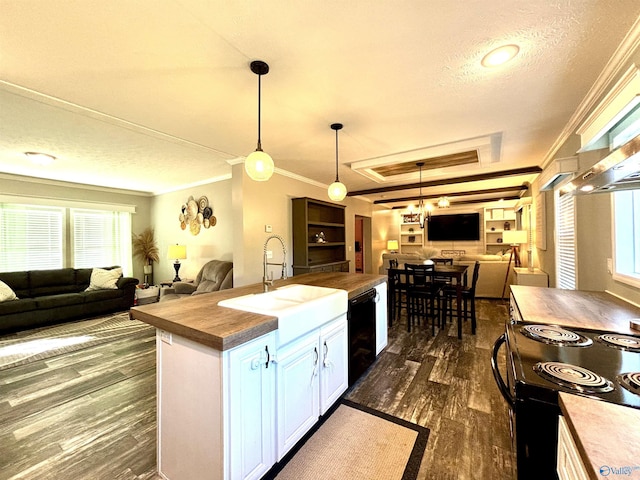 kitchen with dark wood-style floors, a tray ceiling, open floor plan, a sink, and black appliances