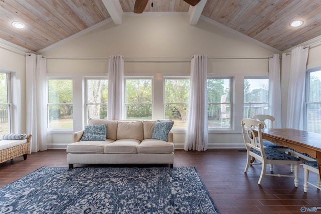 living room featuring beamed ceiling, dark hardwood / wood-style flooring, and wooden ceiling