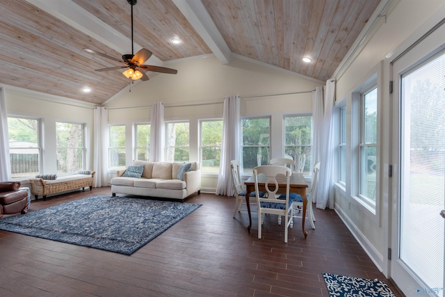 sunroom / solarium with vaulted ceiling with beams and ceiling fan