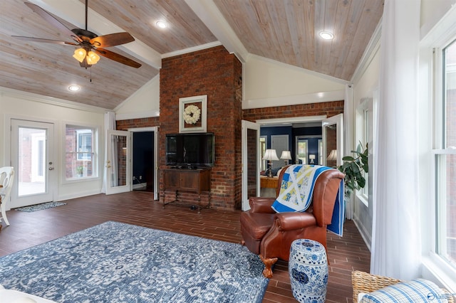 living room featuring ceiling fan, vaulted ceiling with beams, dark hardwood / wood-style floors, and wooden ceiling