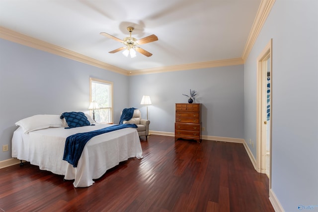 bedroom with ornamental molding, ceiling fan, and dark hardwood / wood-style floors