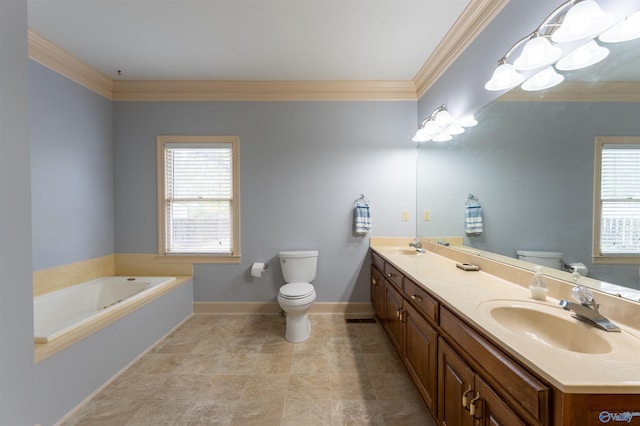 bathroom featuring a wealth of natural light, a bath, vanity, and toilet