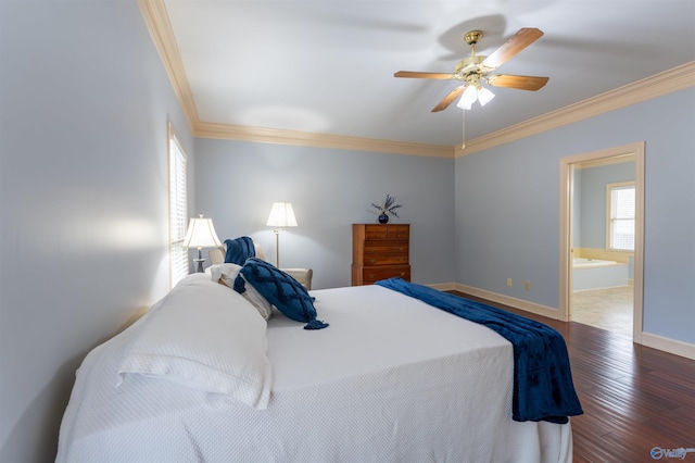 bedroom with ceiling fan, ensuite bath, dark hardwood / wood-style floors, and ornamental molding