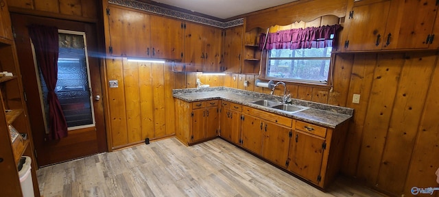 kitchen featuring wood walls, sink, and light wood-type flooring