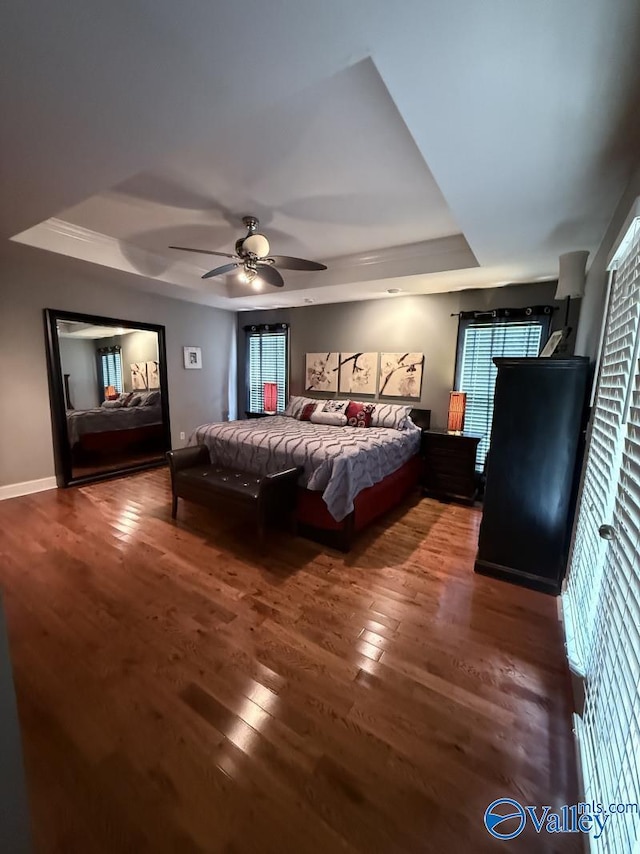 2451 Cedar Ridge Cir, Hokes Bluff, AL 35903 - bedroom featuring a raised ceiling, wood finished floors, and ceiling fan