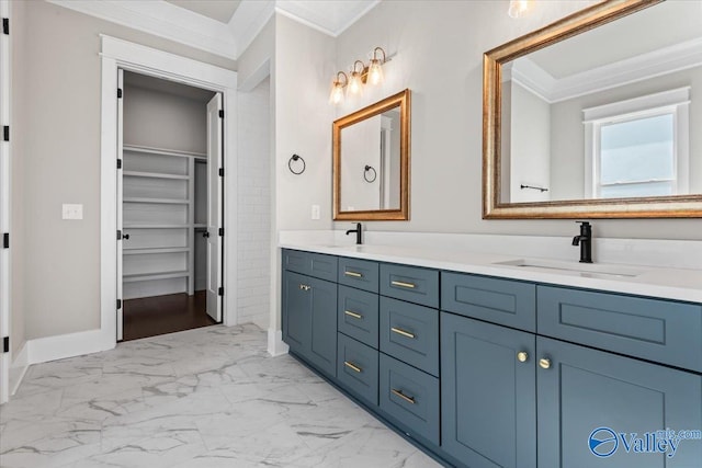 bathroom with ornamental molding, hardwood / wood-style floors, and dual vanity