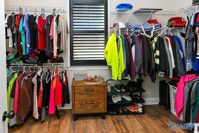 walk in closet with dark hardwood / wood-style flooring