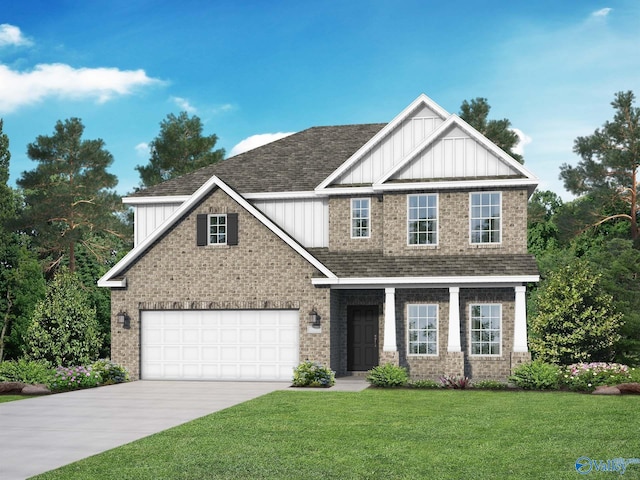 craftsman-style house featuring a garage, driveway, roof with shingles, and a front yard