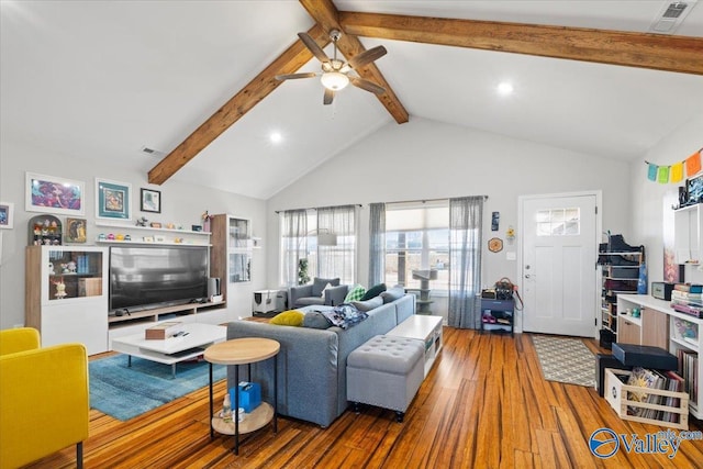 living room featuring wood-type flooring, high vaulted ceiling, ceiling fan, and beamed ceiling