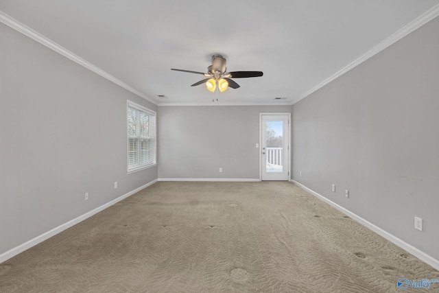 unfurnished room with light carpet, ornamental molding, and ceiling fan