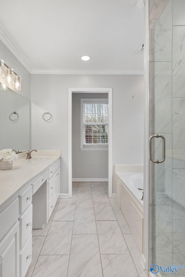 bathroom featuring vanity, ornamental molding, and plus walk in shower