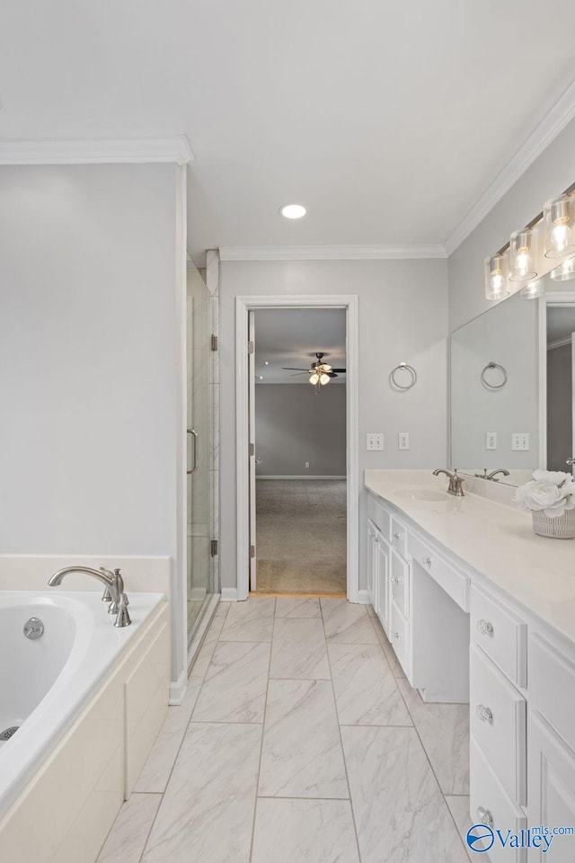 bathroom with vanity, crown molding, independent shower and bath, and ceiling fan