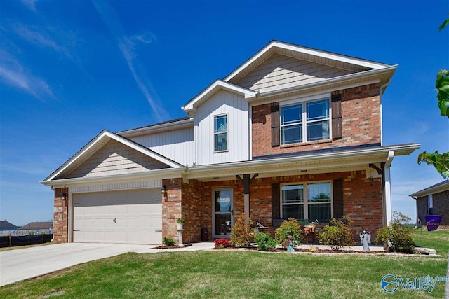 view of front of property featuring a garage, brick siding, a front lawn, and covered porch