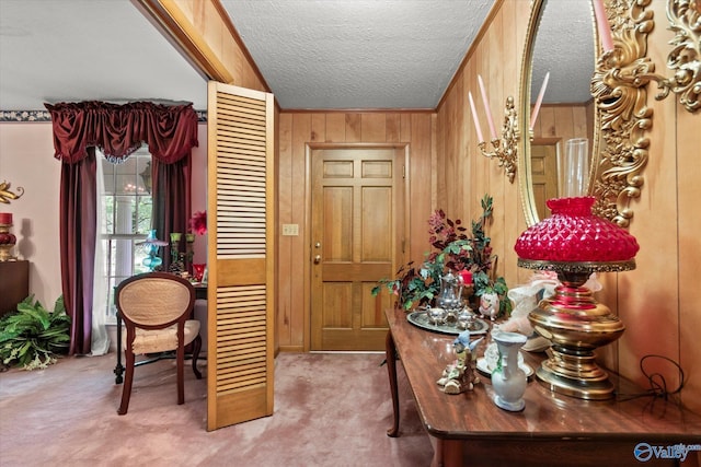 interior space featuring wood walls, light colored carpet, and a textured ceiling