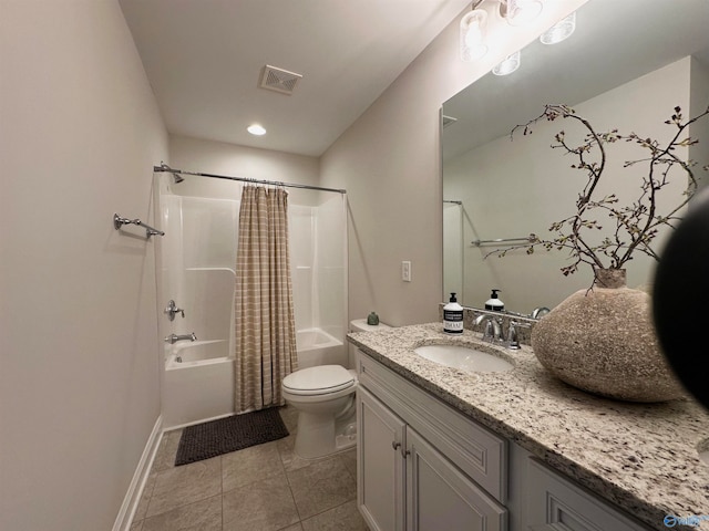 full bathroom with toilet, vanity, shower / bath combination with curtain, and tile patterned floors