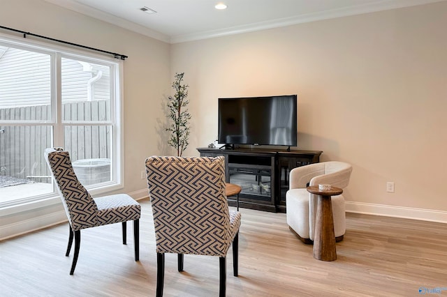 interior space with light hardwood / wood-style flooring, crown molding, and plenty of natural light