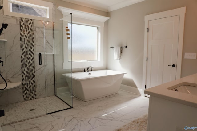 bathroom featuring shower with separate bathtub, vanity, and crown molding