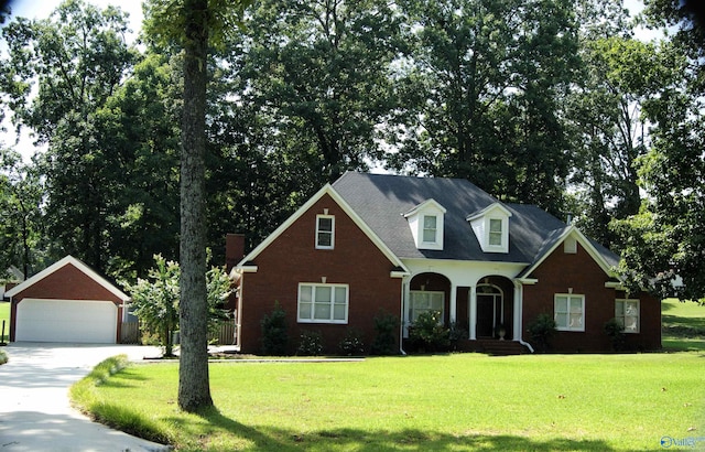 new england style home with a garage, an outbuilding, and a front yard