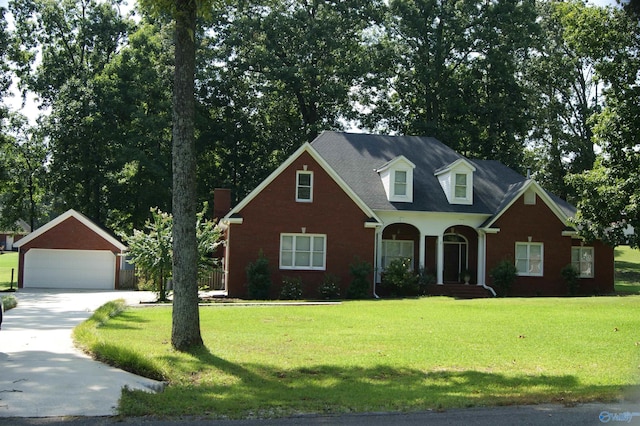 view of front of house featuring a detached garage, brick siding, a front yard, and an outbuilding