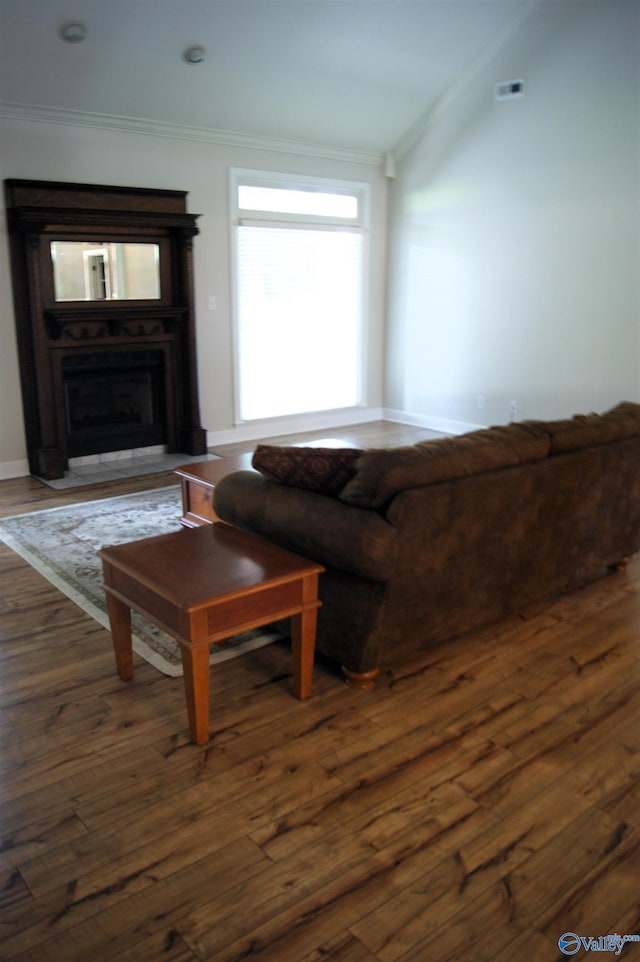 living room featuring a fireplace, wood-type flooring, and ornamental molding