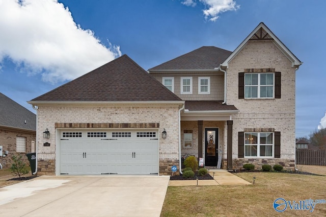 view of front of property featuring brick siding, a front lawn, fence, concrete driveway, and a garage