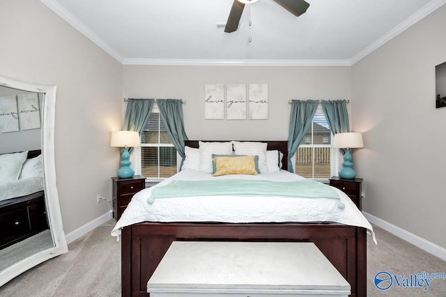 bedroom featuring crown molding, ceiling fan, and light colored carpet