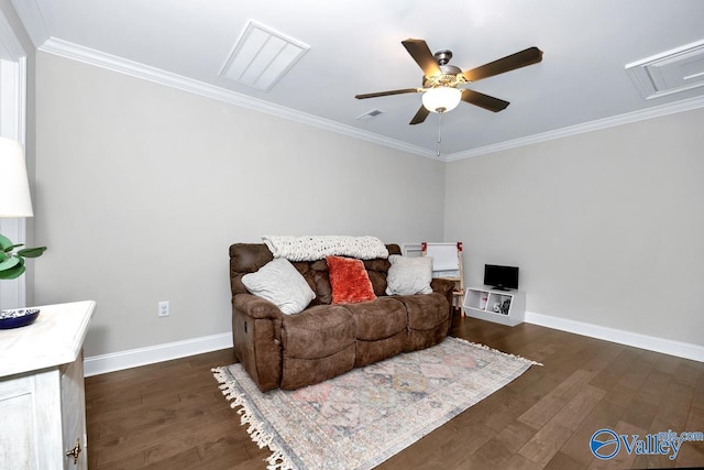 living area with ceiling fan, dark hardwood / wood-style flooring, and ornamental molding