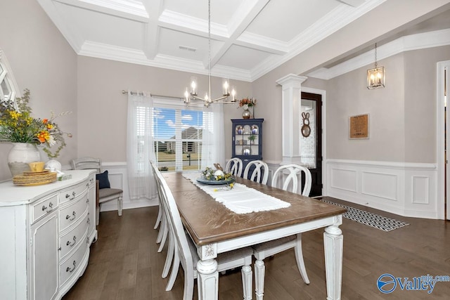 dining space with decorative columns, beam ceiling, a chandelier, dark hardwood / wood-style flooring, and coffered ceiling