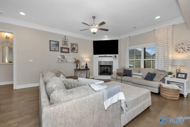 living room featuring ornamental molding, brick wall, ceiling fan, and dark hardwood / wood-style floors