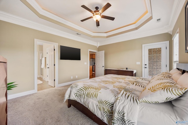 225 Nettles Dr NW, Madison, AL 35757 - bedroom with a raised ceiling, crown molding, carpet floors, access to outside, and ceiling fan