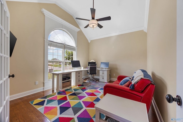 225 Nettles Dr NW, Madison, AL 35757 - office space featuring lofted ceiling, ornamental molding, a ceiling fan, baseboards, and wood finished floors