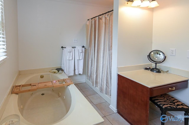 bathroom with tile patterned flooring, plus walk in shower, ornamental molding, and vanity