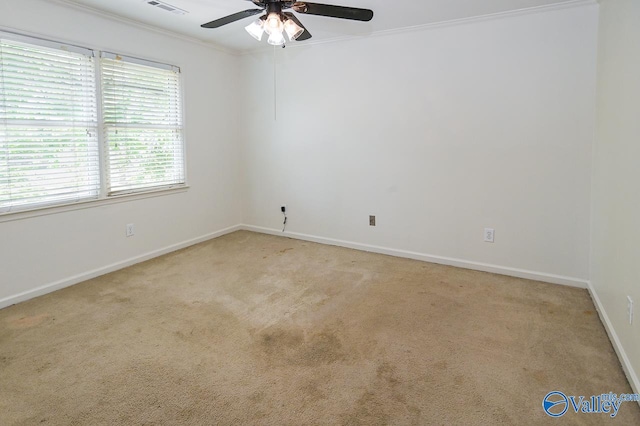 carpeted spare room featuring ceiling fan and crown molding