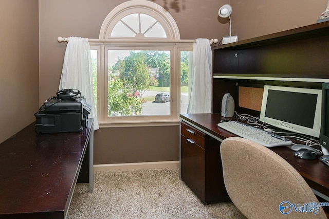 home office featuring light colored carpet