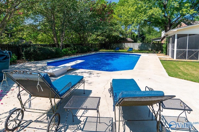 view of swimming pool with a diving board and a patio area