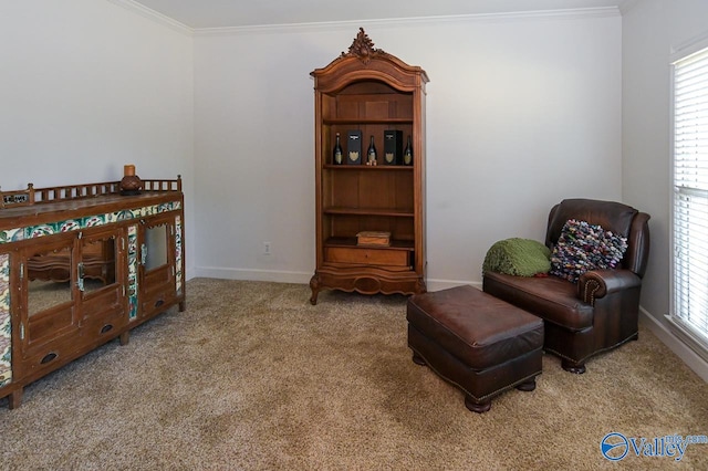 sitting room featuring light carpet and crown molding