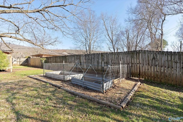 view of yard with a vegetable garden and a fenced backyard