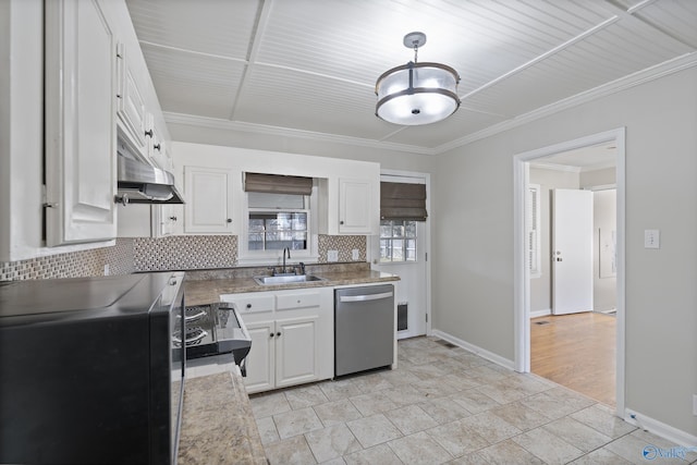 kitchen featuring stainless steel dishwasher, backsplash, white cabinetry, and a sink