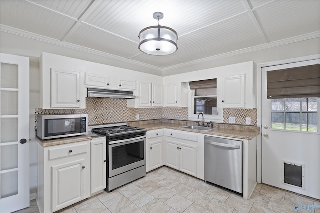 kitchen featuring under cabinet range hood, stainless steel appliances, white cabinets, and a sink