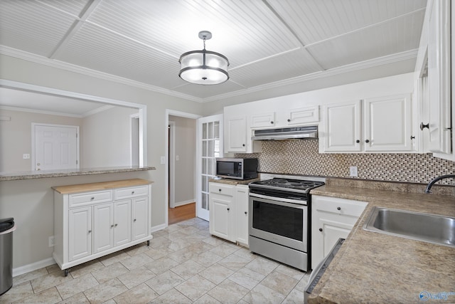 kitchen with under cabinet range hood, white cabinetry, stainless steel appliances, and a sink