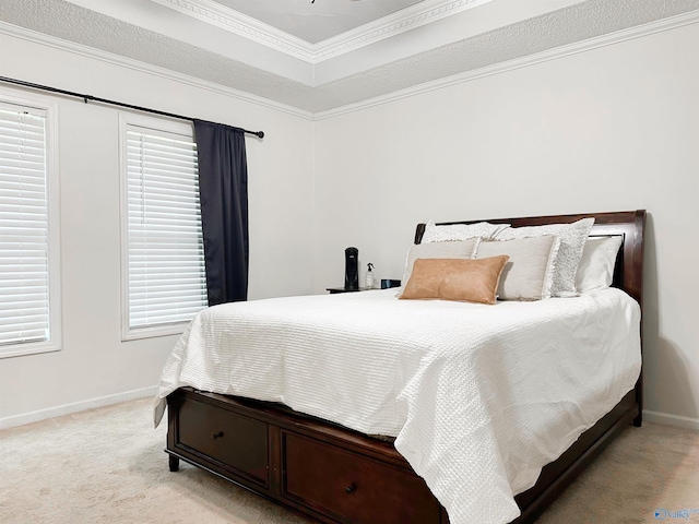 108 Mountain Home Rd, Trinity, AL 35673 - bedroom with light colored carpet, baseboards, crown molding, and a raised ceiling