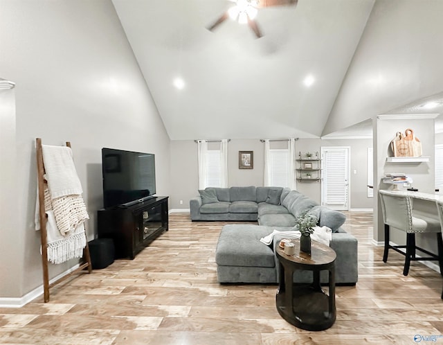 108 Mountain Home Rd, Trinity, AL 35673 - living area with ceiling fan, high vaulted ceiling, baseboards, recessed lighting, and light wood finished floors