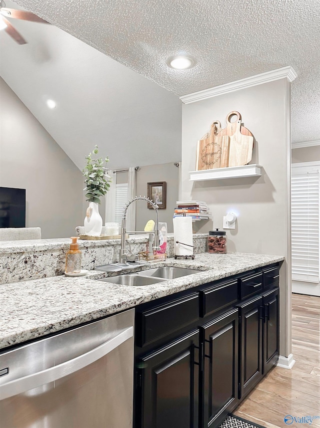 108 Mountain Home Rd, Trinity, AL 35673 - kitchen featuring dishwasher, a sink, crown molding, light wood finished floors, and a textured ceiling