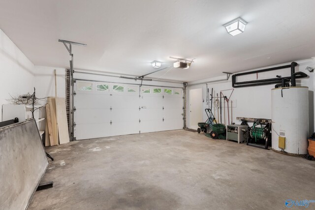 garage with a garage door opener and water heater